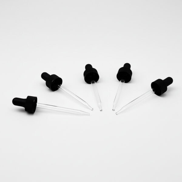 Dropper bottles with black screw caps and glass pipettes designed for precise liquid measurement and dispensing, perfect for use in labs, essential oils, and cosmetic applications.