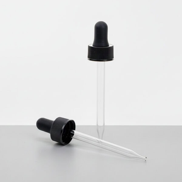 Close-up of a medical or cosmetic glass dropper with black rubber bulb on a neutral background, ideal for precise liquid dispensing.