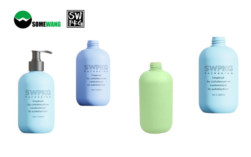 Alt text: Image of three colorful cosmetic bottles, including a pump dispenser blue bottle, and two personalized squeeze bottles in green and blue, showcasing innovative packaging solutions by somewang.