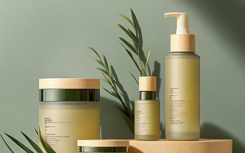 Elegant herbal skincare bottles with wooden caps, surrounded by green leaves, on a wooden platform for a fresh, organic aesthetic.