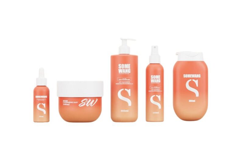 ALT text: Bright coral-colored skincare bottles and jars from SOMEWANG, including dropper, pump, and squeeze bottles, perfect for beauty and skincare routines.