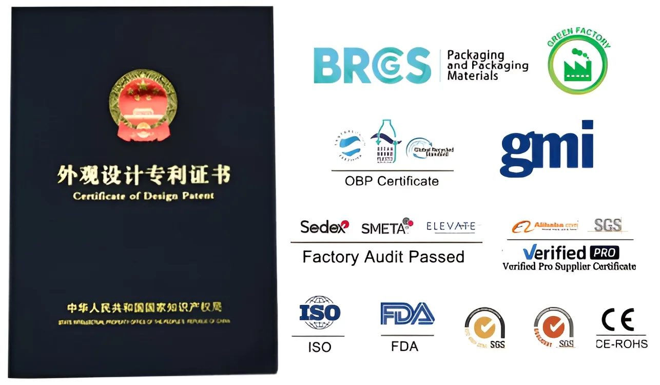 High-quality packaging certification document for design patents, featuring various safety and quality certificates, factory audit approvals, and standards compliance icons.
