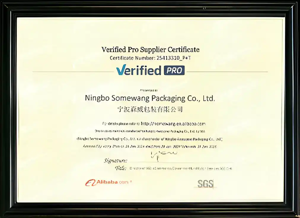 High-resolution image of a framed verified supplier certificate from Ningbo Somewang Packaging Co., Ltd., emphasizing credibility, certification details, and professional presentation for industry trust.