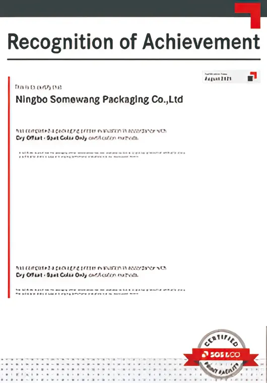 Recognition certificate from Ningbo Somewang Packaging Co., Ltd awarded for excellence and commitment to quality.