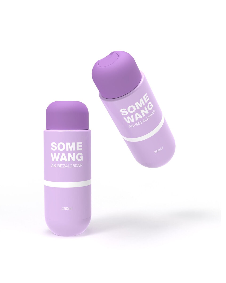 Lavender-colored round bottom bottle and jar with smooth, curved design, ideal for cosmetics or skincare packaging, featuring a minimalist style and compact size.