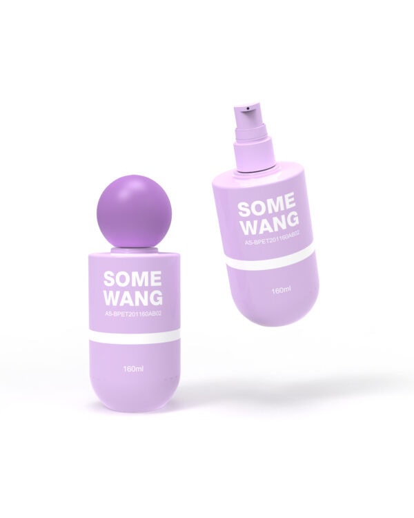 Elegant purple round-bottom bottle and jar with a sleek design, perfect for cosmetics or skincare products. Features a stylish, modern look with a pump dispenser and smooth finish.