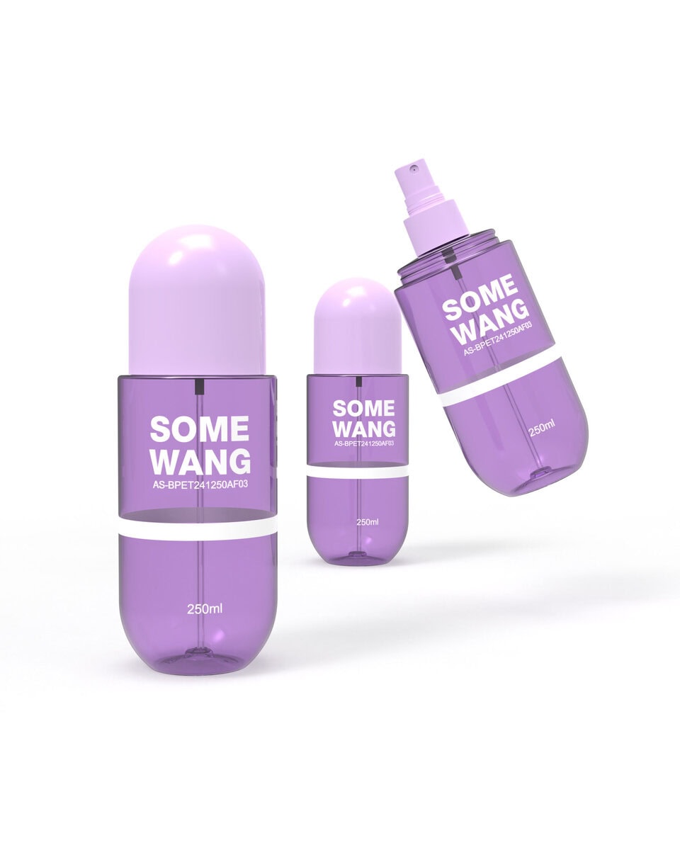 Elegant purple bottle and jar with round bottom design for skincare or cosmetic products.