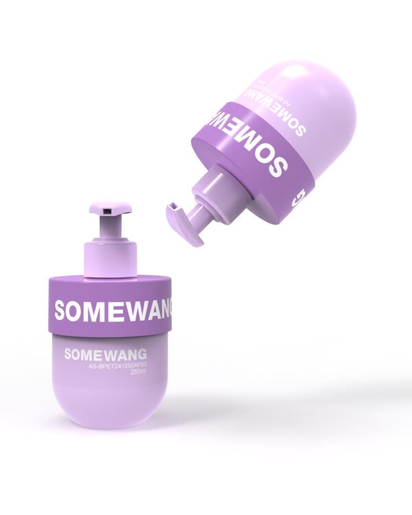 Custom round bottom styled bottle and jar in pastel purple, ideal for cosmetics or skincare packaging, featuring a modern design with a pump and screw cap.