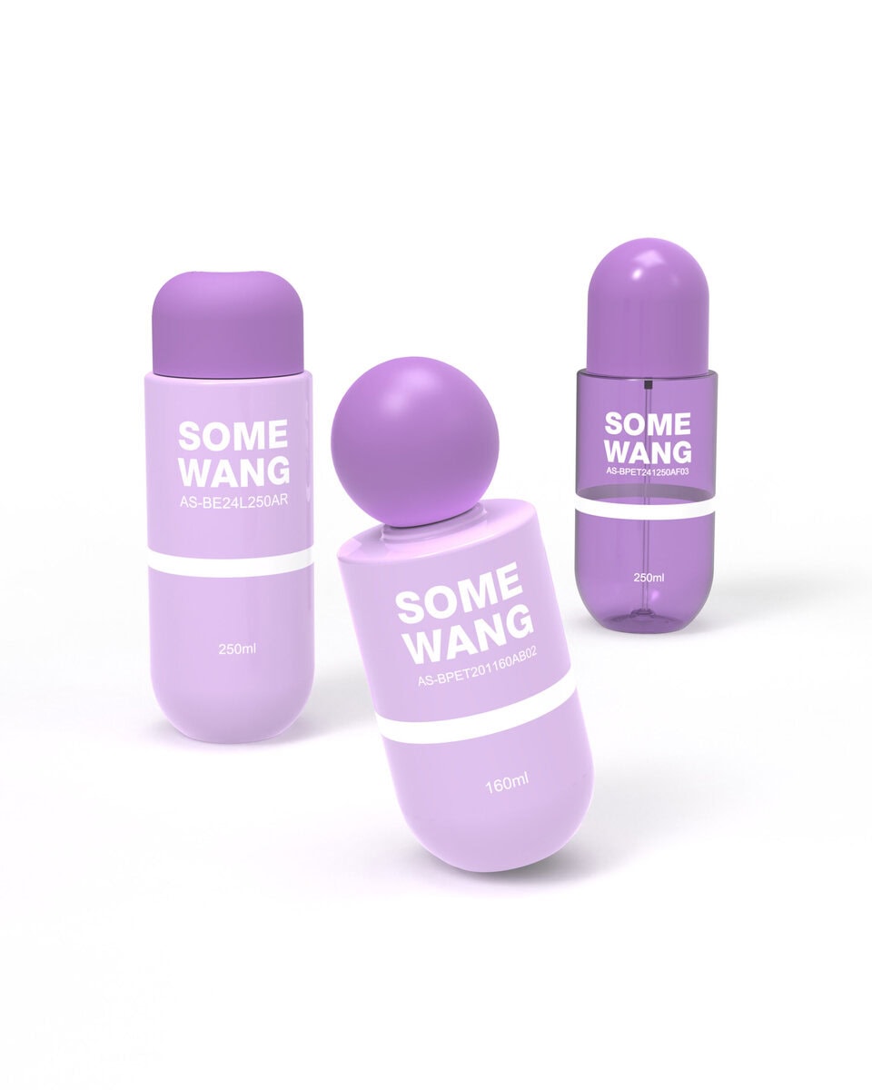 An elegant set of lavender-colored bottles and jars with rounded bottoms, designed for cosmetics or skincare products, featuring a sleek, modern aesthetic.