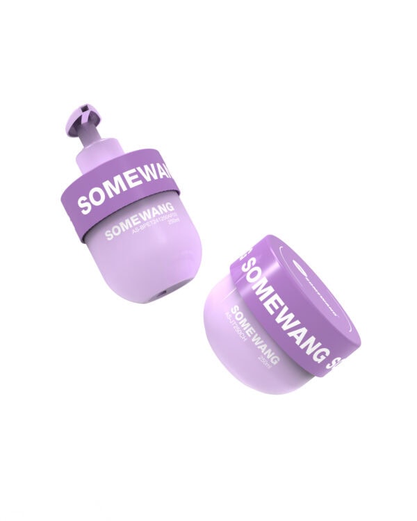 Custom round bottom bottle and jar with purple design, ideal for packaging and storage, featuring a stylish and functional shape for various products.